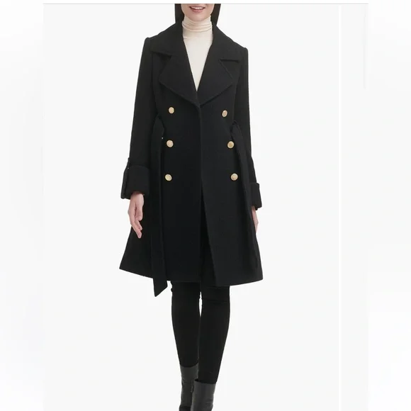 GUESS Black Belted Wool Coat with Gold Buttons - Picture 3 of 3